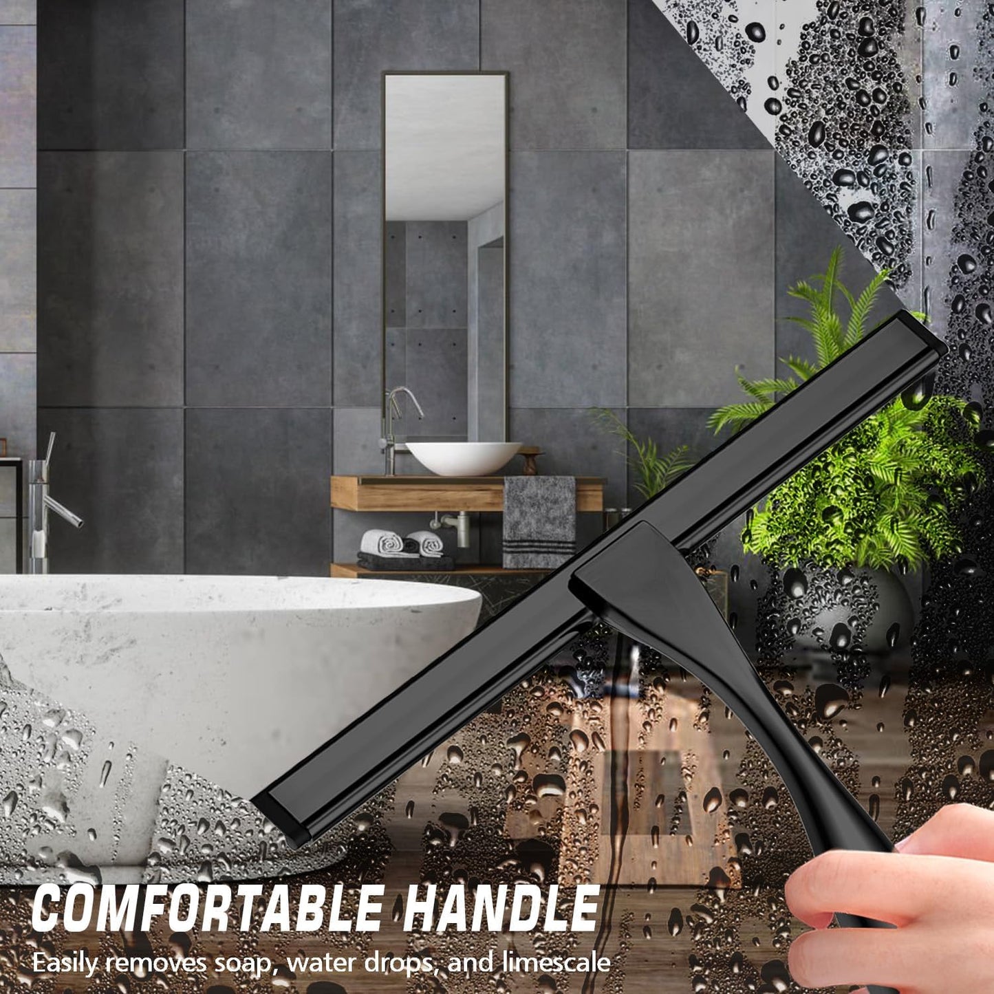 Skiennix Stainless Steel Shower Squeegee - Includes 3 Adhesive Hooks | 12-Inch Black for Glass & Tiles
