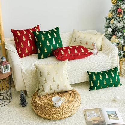 Christmas Red Velvet Throw Pillow Covers 18x18 in - Gold Foil Tree Design, Set of 2