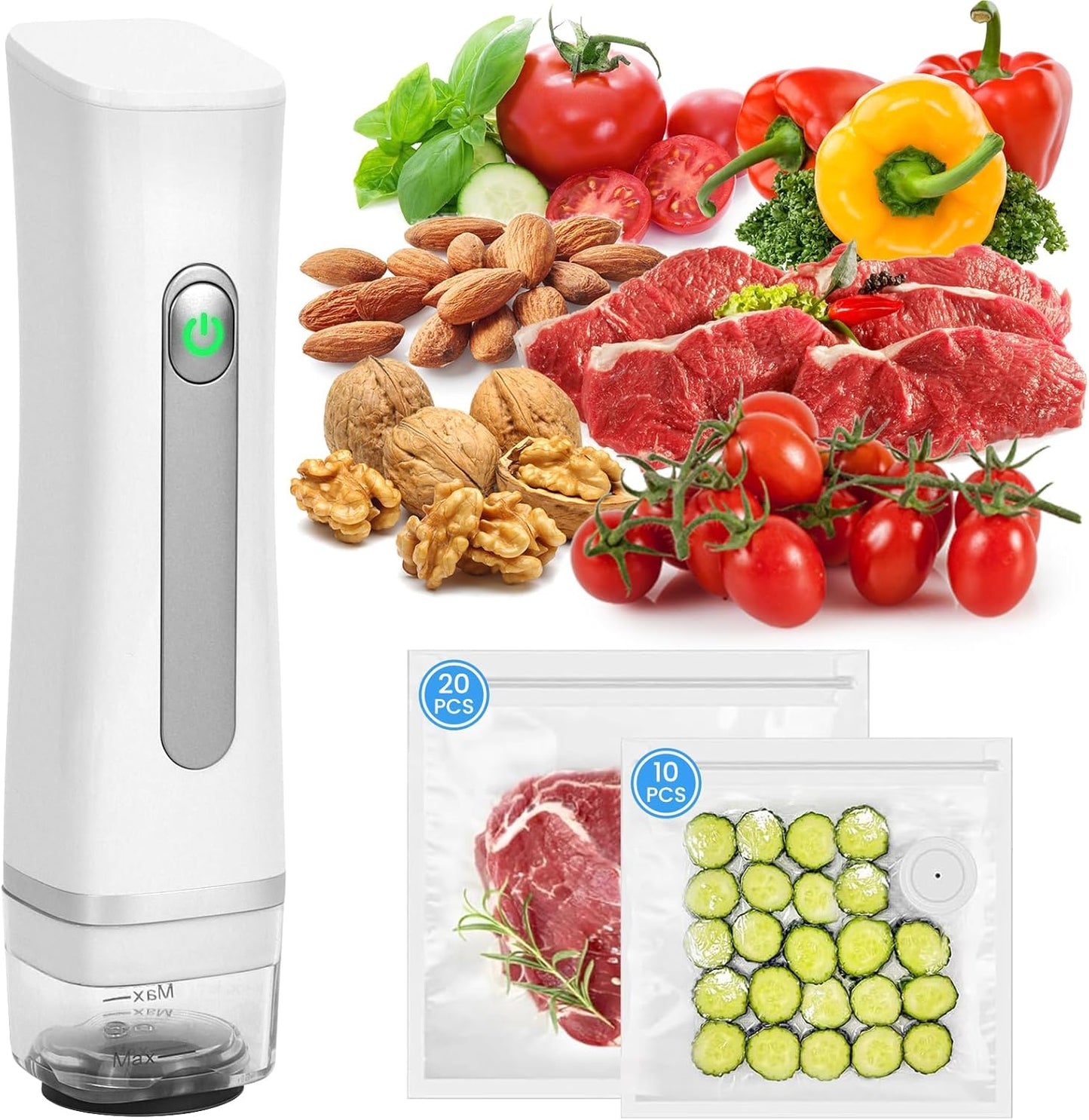 Skiennix Compact Vacuum Sealer - Handheld Design with Visible Water Tank & 30 Reusable Bags | White