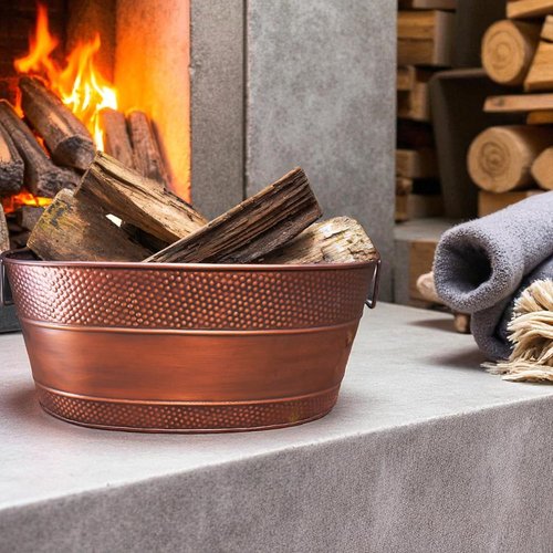 BREKX Copper Galvanized Tub for Indoor Firewood Storage Rack Log Holder - 25QT Heavy-Duty Portable Tub with Handles -Multi-Use for Planters, Blankets for Living Room, Etc