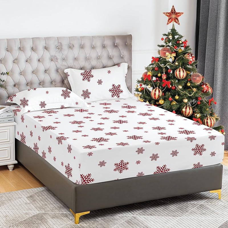 Snowflake Full Fitted Sheet Set with Pillowcases - 16" Deep Pocket, Double Brushed Microfiber