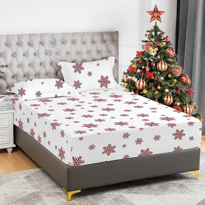 Snowflake Full Fitted Sheet Set with Pillowcases - 16" Deep Pocket, Double Brushed Microfiber