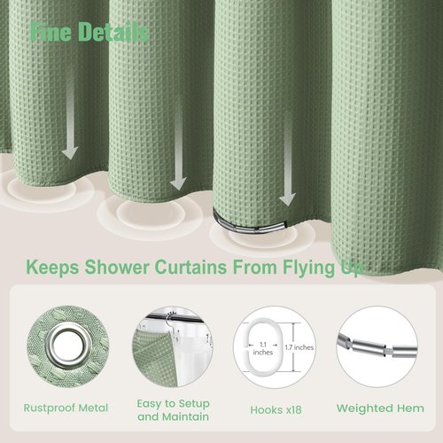 Dynamene Extra Wide Shower Curtain and Liner Set - 108 inch Wide Waffle Fabric, Waterproof Clear Liner, Heavy Duty Weighted Hotel Luxury Shower Curtains for Bathroom with 16 Hooks, 108x72, Sage Green