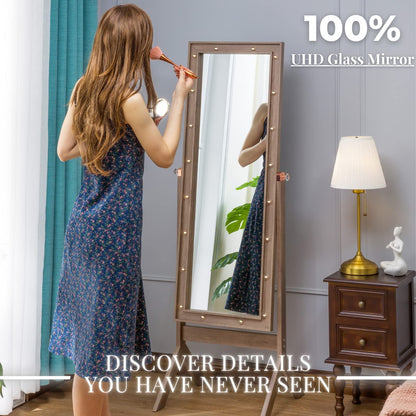 LUXFURNI Floor & Full Length Mirrors, Large Free Standing Body Mirror with Lights, Tall Cheval Mirror for Bedroom (Rustic Brown)