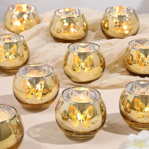 Gold Votive Candle Holders Set by [Brand Name] - 12 PCS Decorative Tea Light Holders with Butterfly Pattern for Weddings, Birthdays, and Holidays