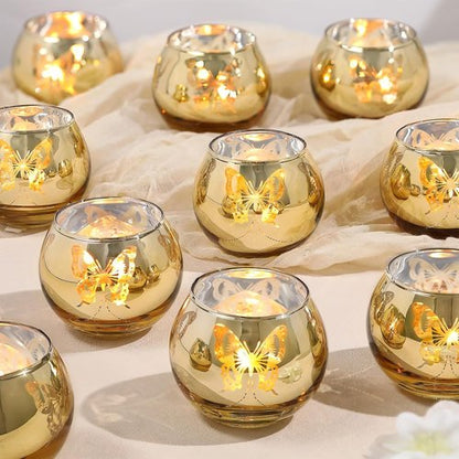 Gold Votive Candle Holders Set by [Brand Name] - 12 PCS Decorative Tea Light Holders with Butterfly Pattern for Weddings, Birthdays, and Holidays