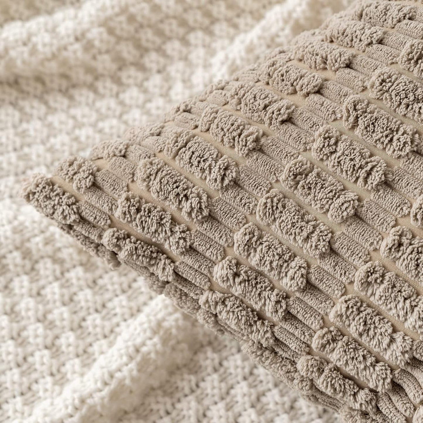 MIULEE Euro Sham Pillow Covers - Soft Boho Striped Corduroy | Pack of 2, 22x22 Inch, Light Brown
