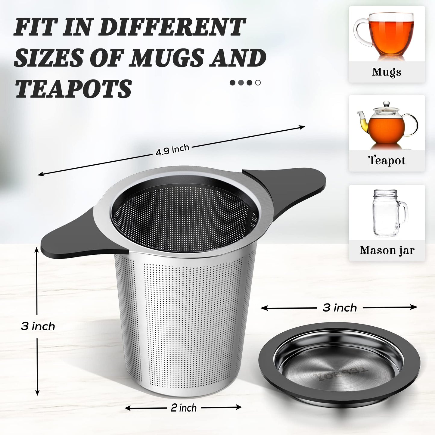 Yoassi Upgraded Tea Infusers for Loose Tea, Silicone Covered Extra Fine Mesh 18/8 Stainless Steel Tea Strainer with Large Capacity & Double Handles to Steep Loose Leaf Tea and Coffee 2 Pack