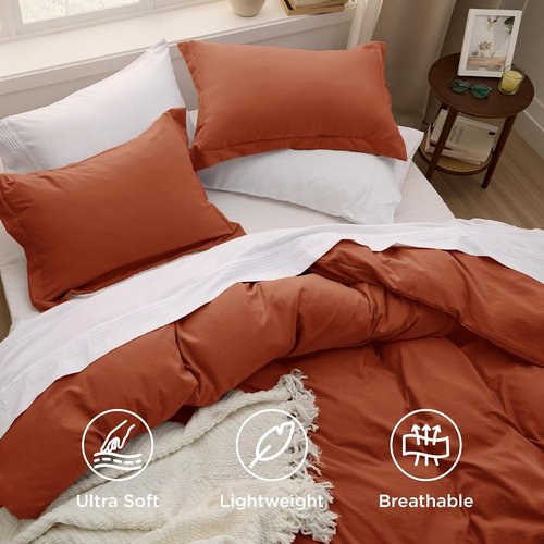 Bedsure Terracotta Duvet Cover Set - Extra Soft Prewashed Cotton-Like Bedding, Queen Size 90x90 Inches with Zipper Closure & 2 Pillow Shams