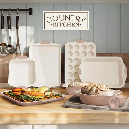 Country Kitchen Nonstick Bakeware Set - Durable 22-Piece Baking Set with Silicone Muffin Cups