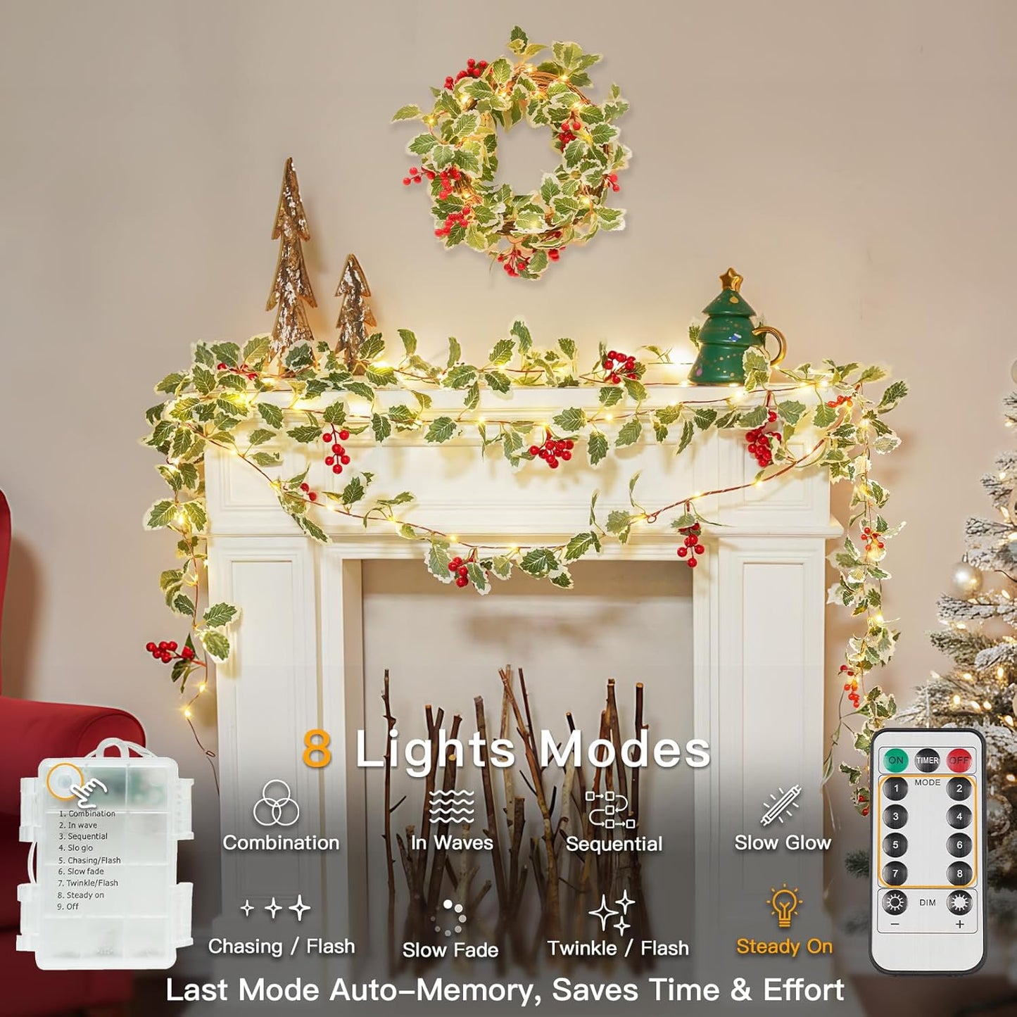 Suddus 40 LED Christmas Fairy Lights - Battery Powered 12.5ft Vine String Lights with Red Berries & Holly Leaf | Perfect for Holiday Decor