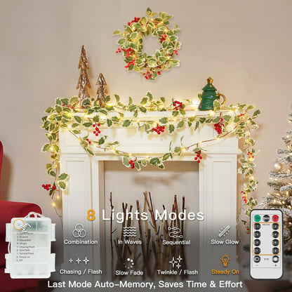 Suddus 40 LED Christmas Fairy Lights - Battery Powered 12.5ft Vine String Lights with Red Berries & Holly Leaf | Perfect for Holiday Decor