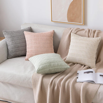 MIULEE Decorative Throw Pillow Covers - Soft Boho Striped Corduroy | Pack of 2, 18x18 Inch, Light Green