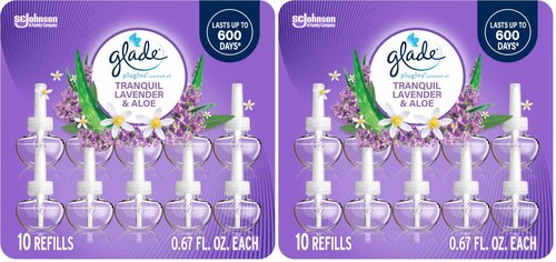 Glade PlugIns Refills Air Freshener,Tranquil Lavender & Aloe,Scented and Essential Oils for Home and Bathroom,0.67 Fl Oz,10 Count (Pack of 2)