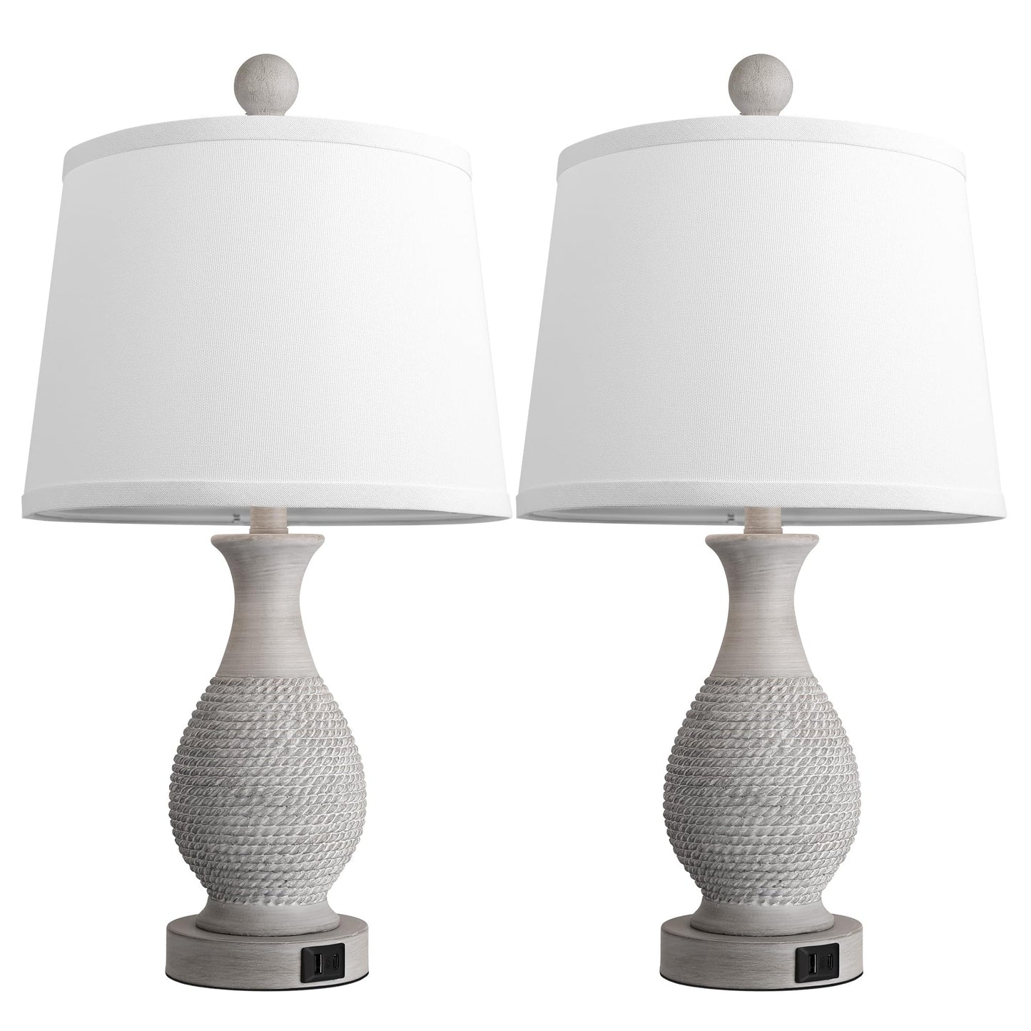 PARTPHONER Traditional Table Lamps Set of 2, Bedside Touch Lamp with USB C+A Charging Ports, Rustic Farmhouse Table Lamps for Living Room Bedroom, Side Table Lamp with White Fabric Shade, Antique Grey