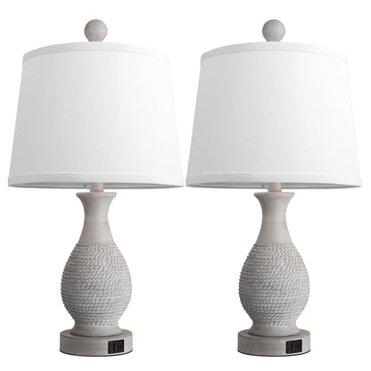 PARTPHONER Traditional Table Lamps Set of 2, Bedside Touch Lamp with USB C+A Charging Ports, Rustic Farmhouse Table Lamps for Living Room Bedroom, Side Table Lamp with White Fabric Shade, Antique Grey