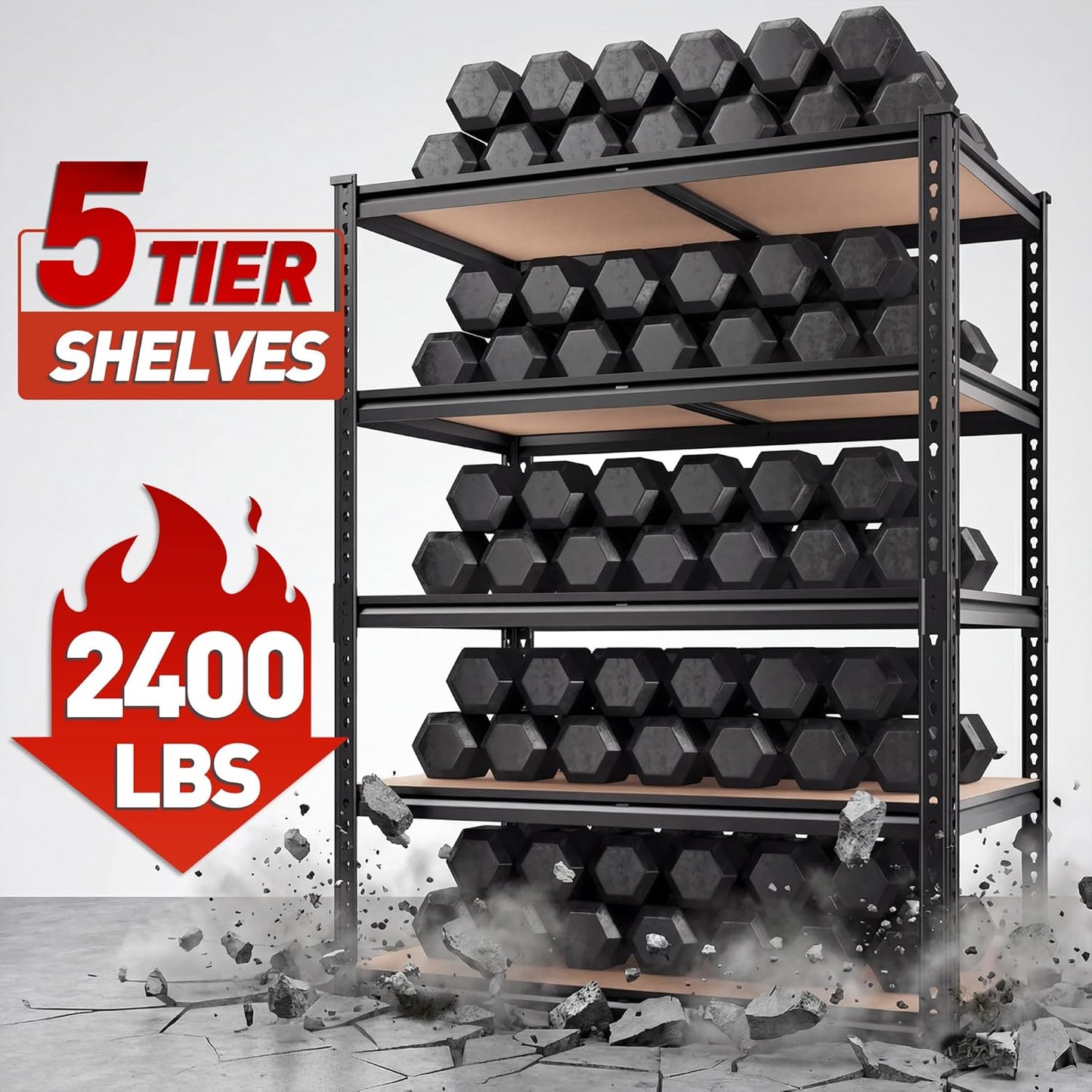 REIBII 5-Tier Heavy Duty Storage Shelves - Adjustable Metal Shelving Unit for Garage, Basement, Kitchen | 72" H x 35.55" W x 16" D, Black