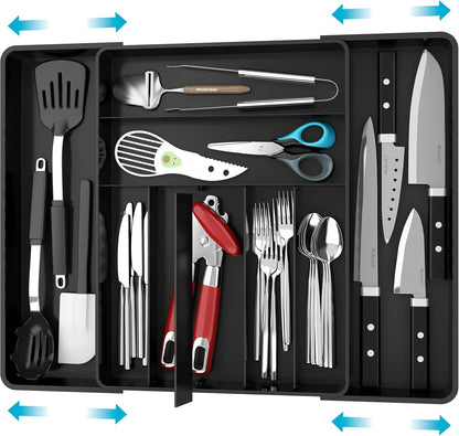 Simple Houseware Flatware Organizer - Adjustable Black Kitchen Drawer Tray with 9 Compartments