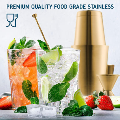 Skiennix Cocktail Shaker Set - 16-Piece Stainless Steel Mixology Kit with Gold Finish | Includes 30oz Shaker, Muddler, Jigger & Recipe Book