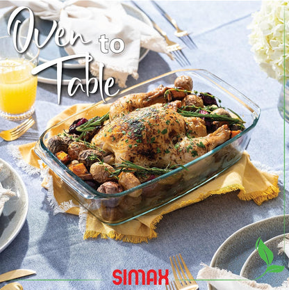 Simax Large Glass Casserole Dish - Oven Safe Bakeware with Lid | 3 Quart Oblong Design for Cooking & Serving