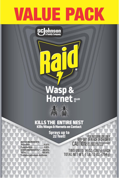 Raid Wasp & Hornet Killer Spray, Bug Killer Kills the Entire Nest, 14 Oz, 2 Count