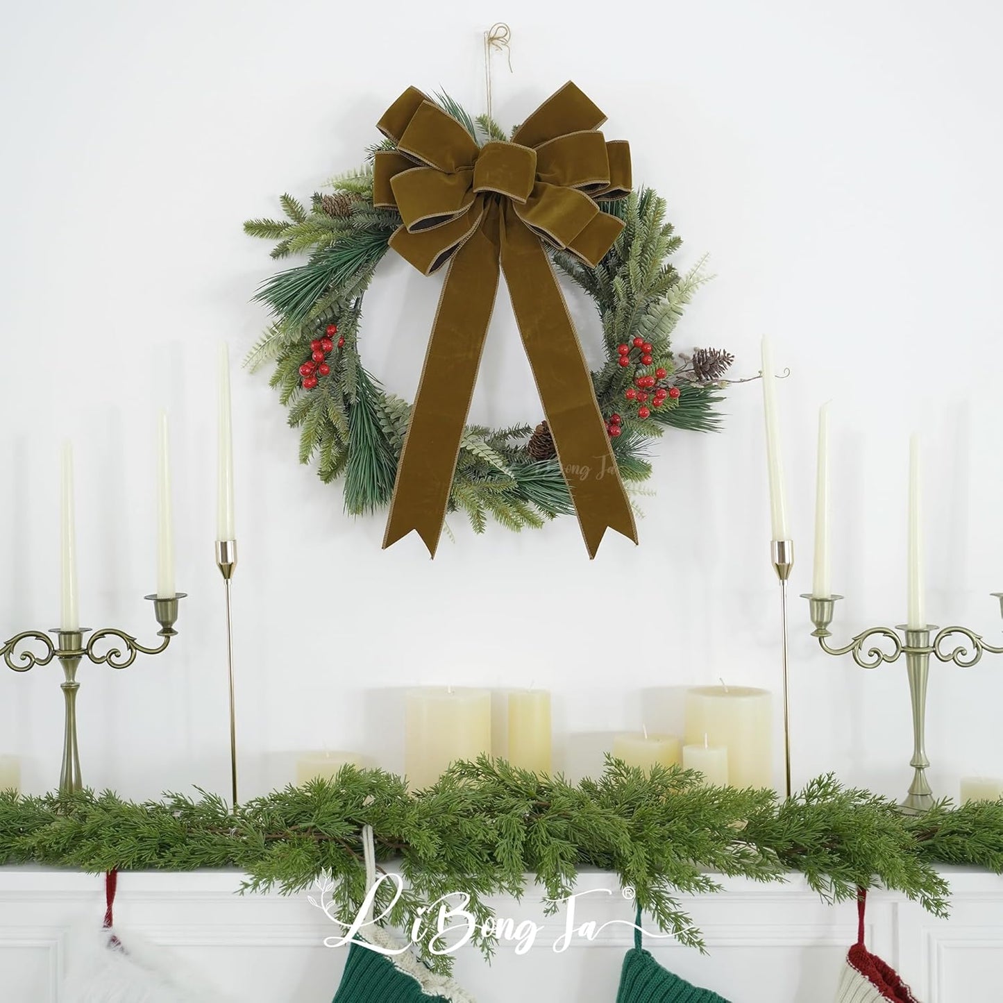 Regine Switzerland 13" Khaki Pre-Tied Velvet Bow - Rustic Wreath & Christmas Tree Decor, Perfect for Weddings & Parties