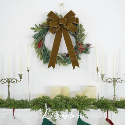 Regine Switzerland 13" Khaki Pre-Tied Velvet Bow - Rustic Wreath & Christmas Tree Decor, Perfect for Weddings & Parties
