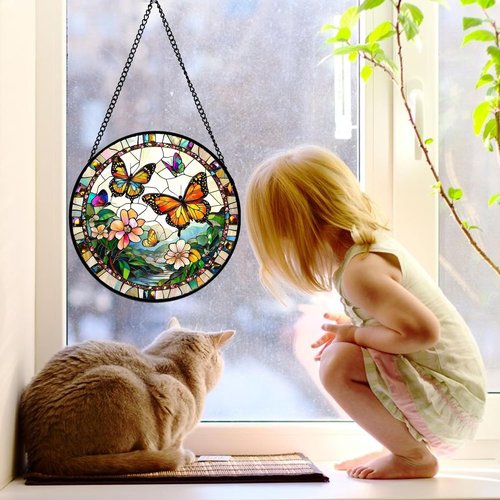 DASTOLL Stained Glass Window Hanging - Butterfly Suncatcher for Home Decor | 9.8-Inch Gift for Mom