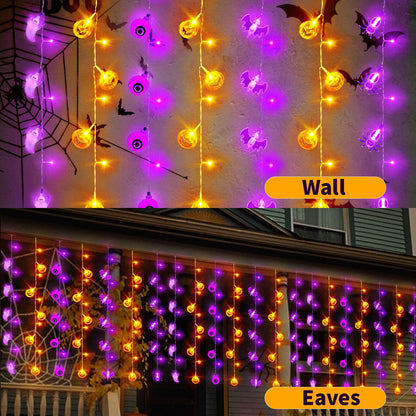 (USB Plug & Solar Power 2 in 1) Solar Halloween Curtain String Lights, 8 Modes Solar Halloween Lights Decorations for Outdoor, USB Halloween Lights Decor for Indoor (Ghost+Pumpkin+Eyeball+Bat+Spider)