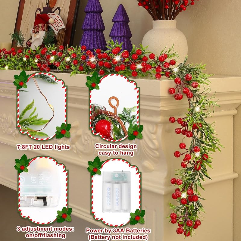 Breeze Touch 2 Pack Lighted Olive Garland with Red Berries - Battery Operated Snowy Christmas Decor