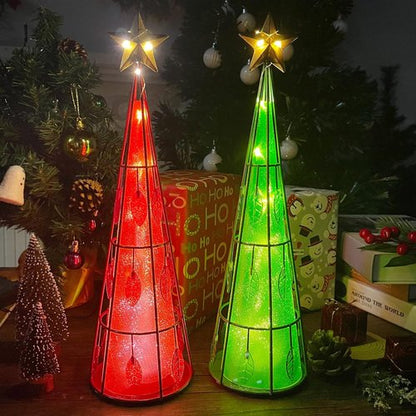 Juegoal Lighted Christmas Table Decorations - Battery Operated LED Cone Shaped Ornaments | 2 Pack, Green & Red
