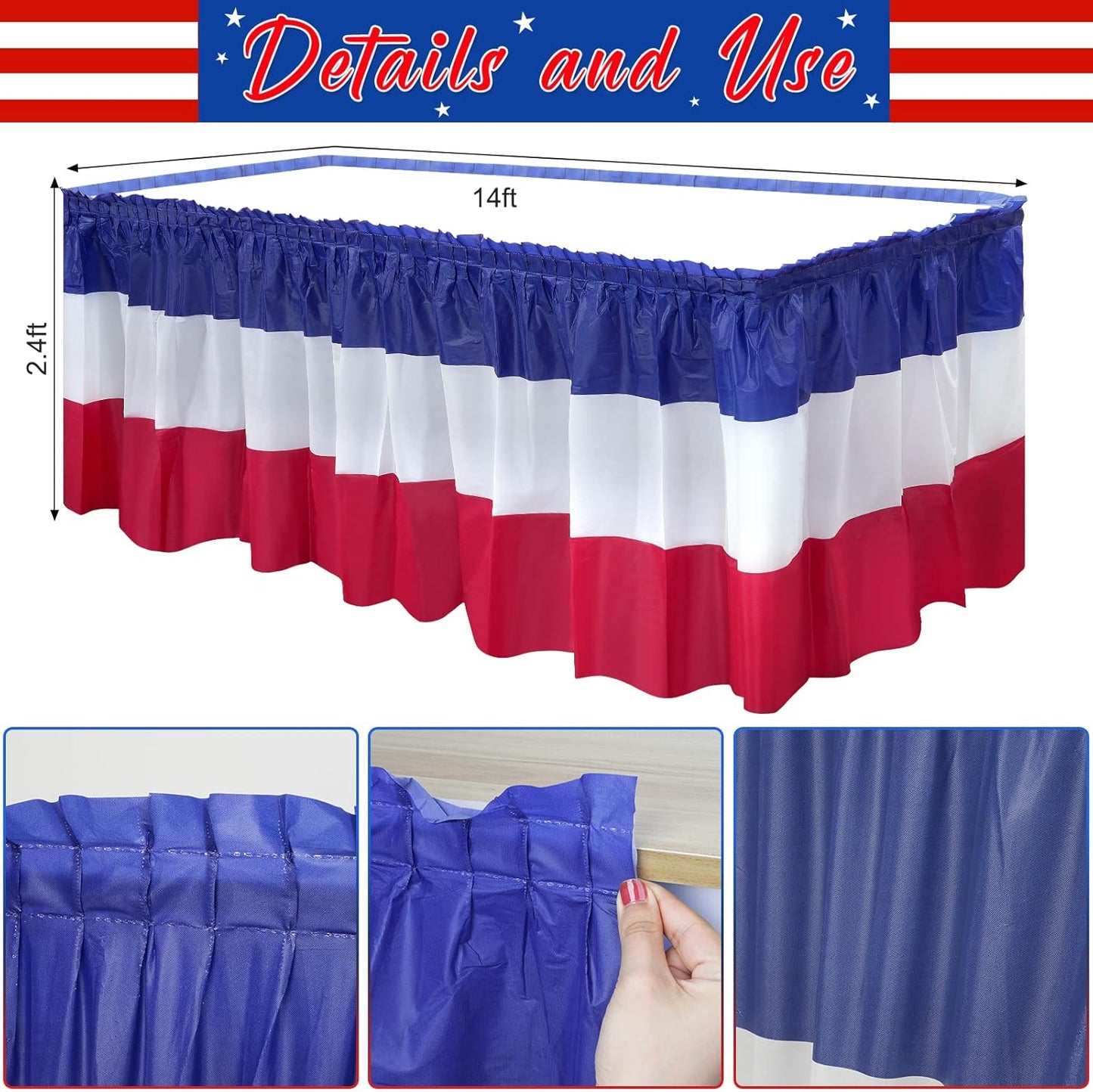 Patriotic Table Skirts by 3 Pack - Red, White & Blue Disposable Decorations | 2.4 x 14 Ft for 4th of July Celebrations