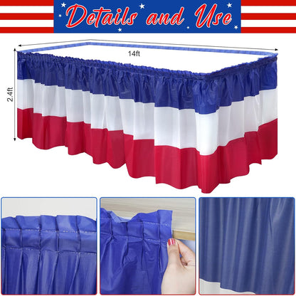 Patriotic Table Skirts by 3 Pack - Red, White & Blue Disposable Decorations | 2.4 x 14 Ft for 4th of July Celebrations