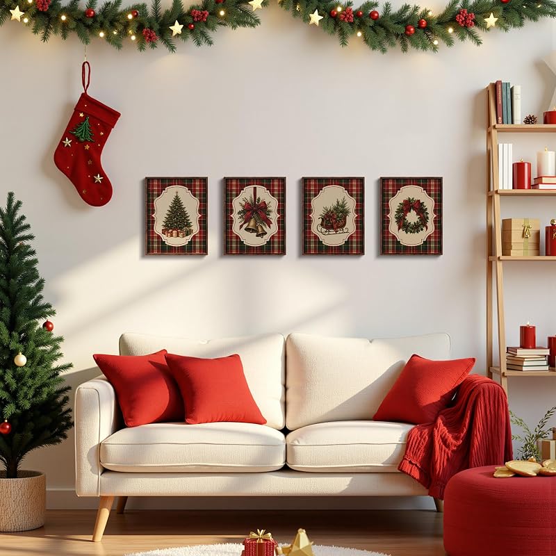 DOFQZ Red and Green Tartan Christmas Wall Art Prints 8x10 Set of 4 — 17Child+8x10