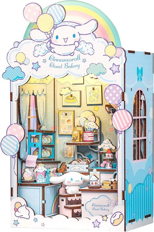 Hands Craft Cinnamoroll Cloud Bakery Book Nook Kit - Kawaii 3D Puzzle with LED Lights | DIY Wooden Craft for Bedroom Decor
