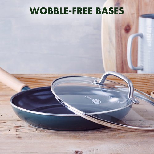 GreenPan Hudson Healthy Ceramic Nonstick, 11" Frying Pan Skillet with Lid, Vintage Wood Inspired Handle, PFAS-Free, Dishwasher Safe, Forest Green