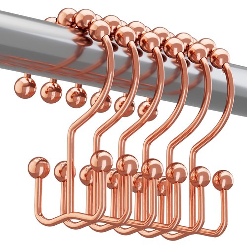 Titanker Shower Curtain Hooks Rings Rust Resistant Metal Double Glide Shower Hooks Rings for Bathroom Shower Rods Curtains, Set of 12 Hooks - Rose Gold
