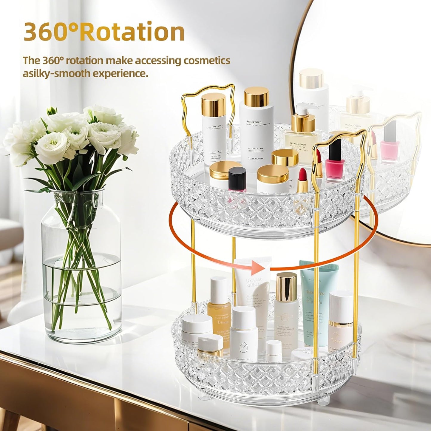 Skiennix 360 Rotating Makeup Organizer - 2-Tier Adjustable Perfume Storage for Vanity & Dresser, Clear