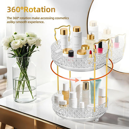 Skiennix 360 Rotating Makeup Organizer - 2-Tier Adjustable Perfume Storage for Vanity & Dresser, Clear