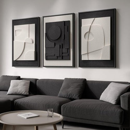 Framed 3D Textured Black and White Abstract Wall Art by [Brand Name] - Modern 3-Piece Set for Living Room | Minimalist Geometric Paintings 24x36 In