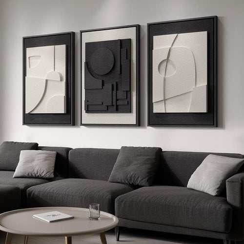 Framed 3D Textured Black and White Abstract Wall Art by [Brand Name] - Modern 3-Piece Set for Living Room | Minimalist Geometric Paintings 24x36 In