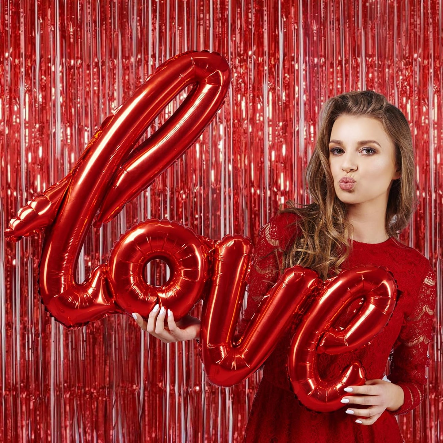 Melsan Red Tinsel Fringe Backdrop - 3.2 x 8 Ft Metallic Foil Curtains for Birthday & Photo Booth | 2 Packs