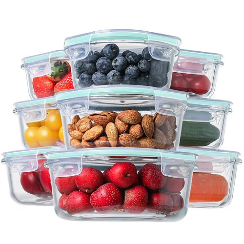 HOMBERKING Glass Food Storage Containers with Lids, [18 Piece] Glass Meal Prep Containers, Airtight Glass Lunch Bento Boxes, BPA-Free & Leak Proof (9 lids & 9 Containers) - Blue