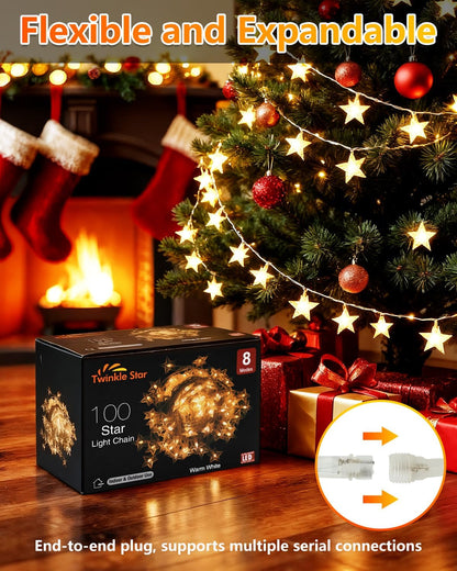 Twinkle Star 100 LED Star String Lights - 33FT Waterproof Fairy Lights for Indoor/Outdoor Decor