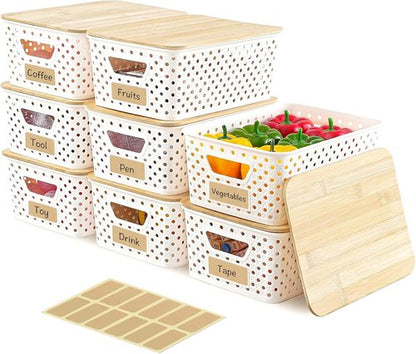 8 Pack Plastic Storage Bins by [Brand Name] - Stackable Baskets with Bamboo Lids for Pantry Organization
