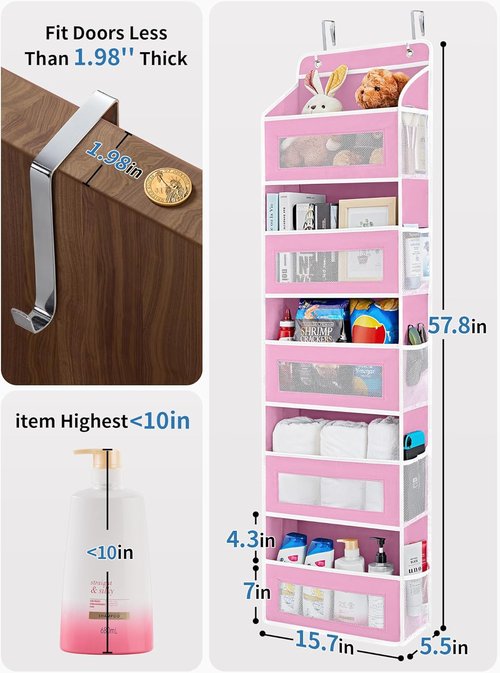 JARLINK Over The Door Organizer - 5 Shelf Hanging Storage with 5 Large Pockets | Anti-Tilt Design, Pink