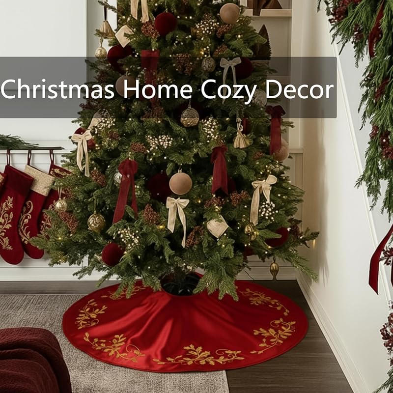 Burgundy 48-Inch Satin Christmas Tree Skirt with Gold Holly Embroidery - Variation of Burgundy