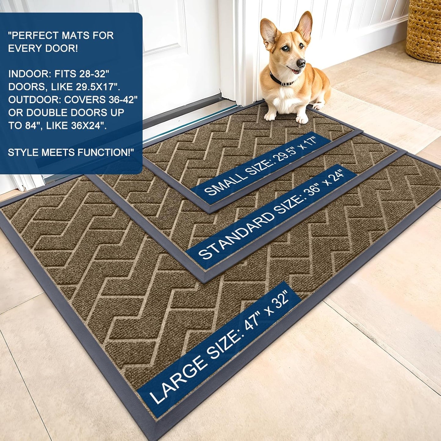 OLANLY Waterproof All-Season Front Door Mat - Sturdy Natural Rubber, Low Profile, Herringbone Brick (Brown, 59x23)