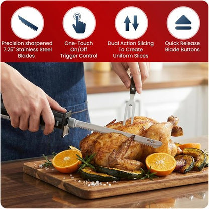 Elite Gourmet EK9810 Electric Knife - Professional Cordless Design with 4 Serrated Blades & Safety Lock