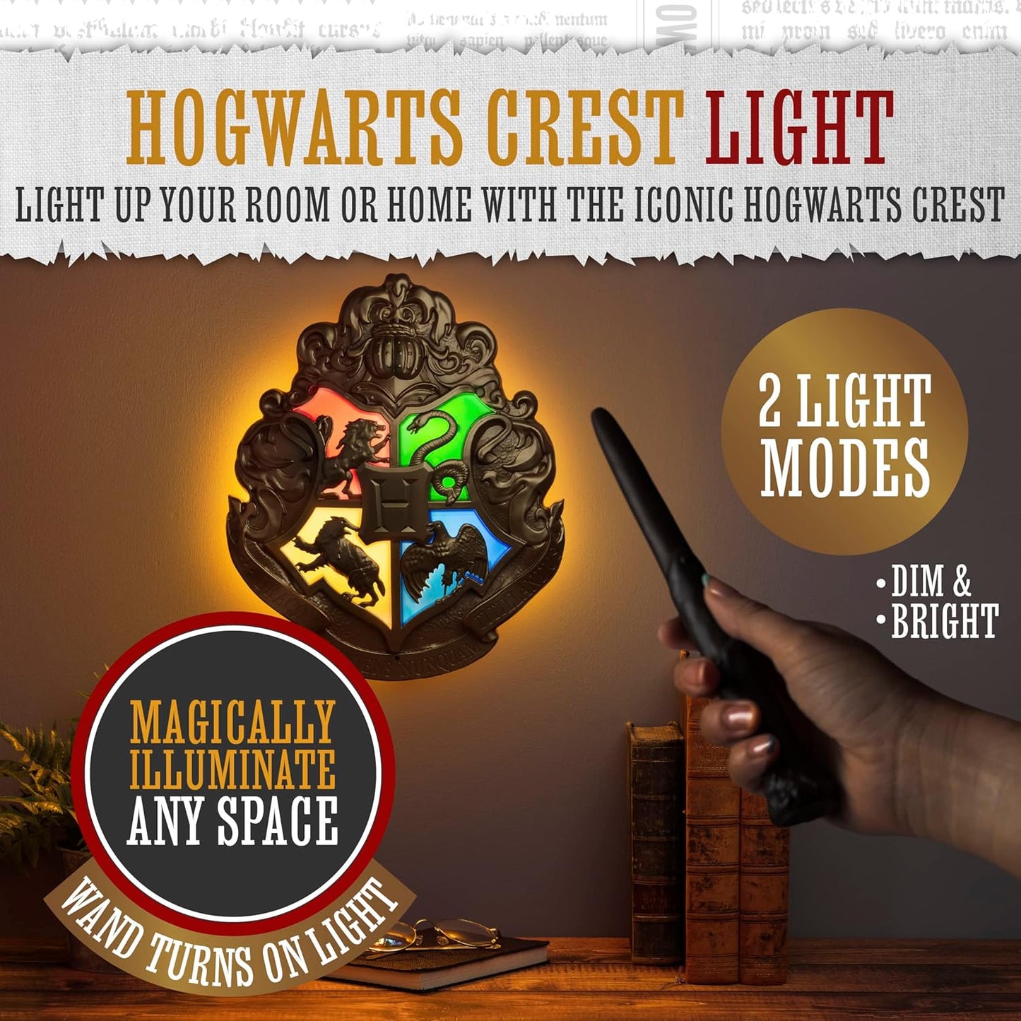 Paladone - Harry Potter Hogwarts Crest Lamp - Interactive Wand Control, Black Design